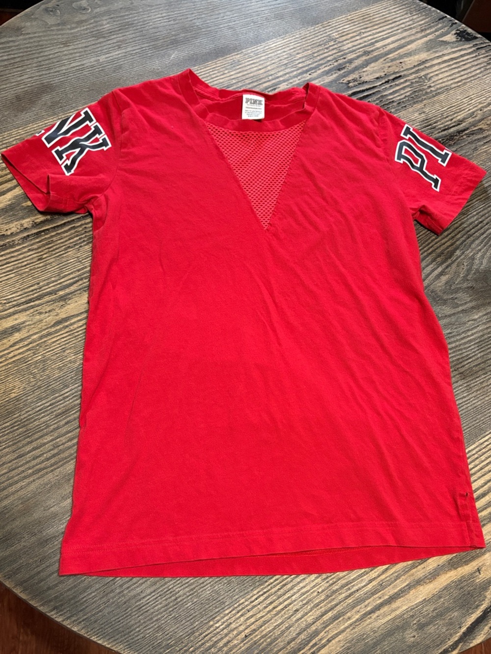 PINK Victoria's Secret Red Mesh V-Neck Short Sleeve Tee